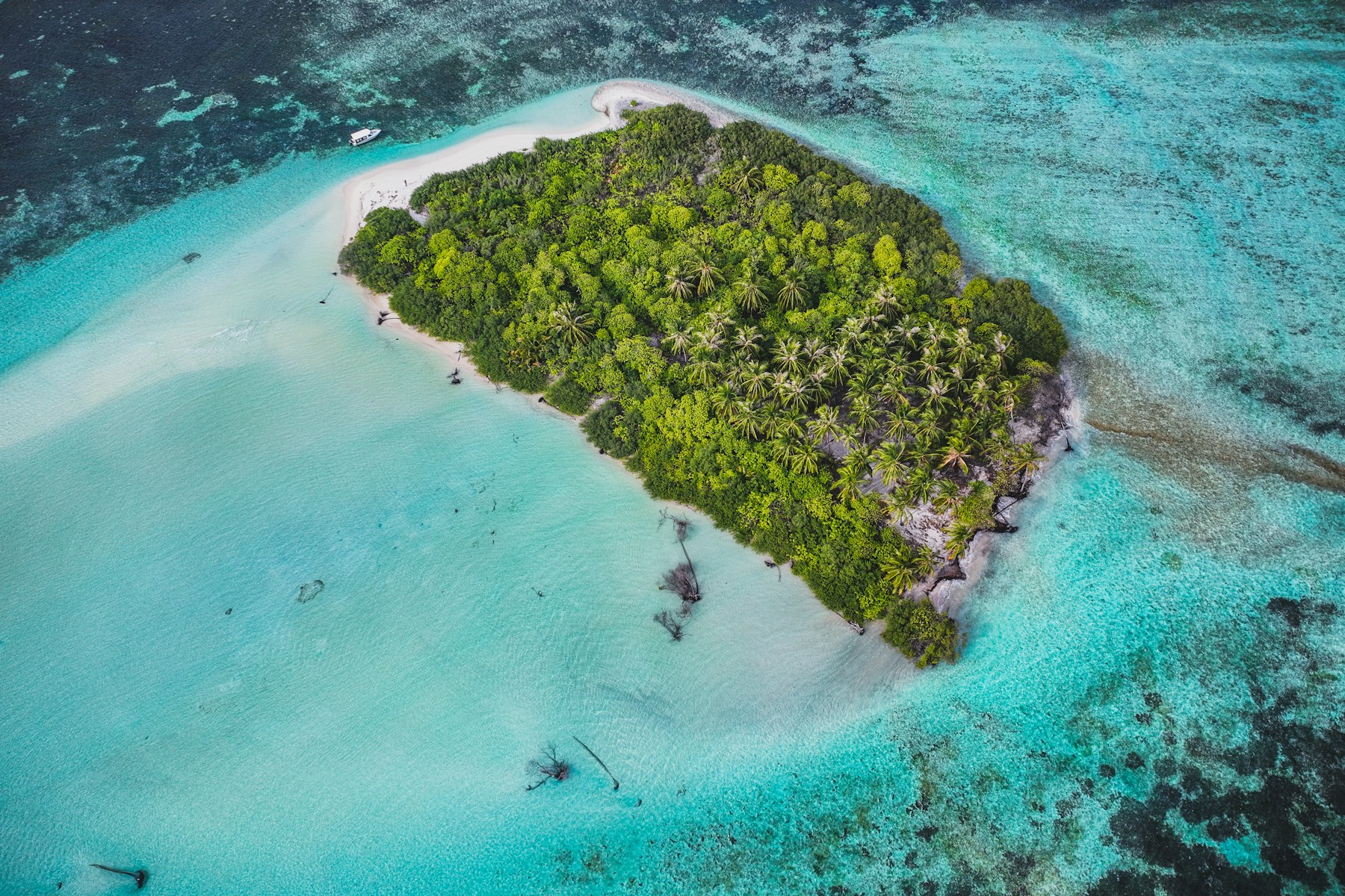 Île tropicale entourée d’un lagon turquoise aux Maldives